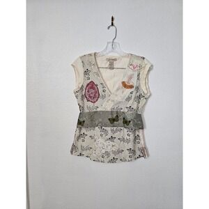 RARE FREE PEOPLE APPLIQUE W/‎ GREEN OBI BELT RAW HEM CAP SLEEVE COTTON SHIRT TOP